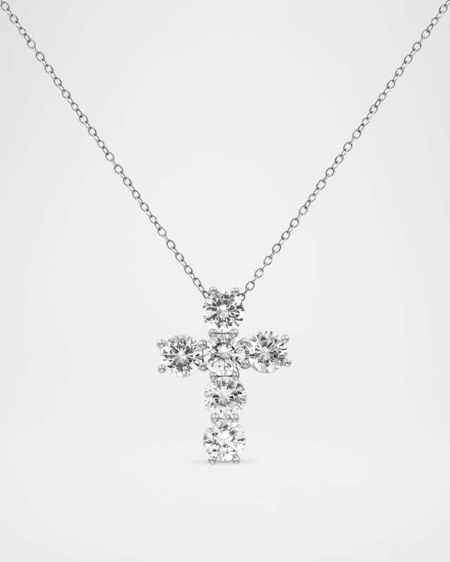 Round Lab Grown Diamond 18K White Gold Cross Pendant Necklace
